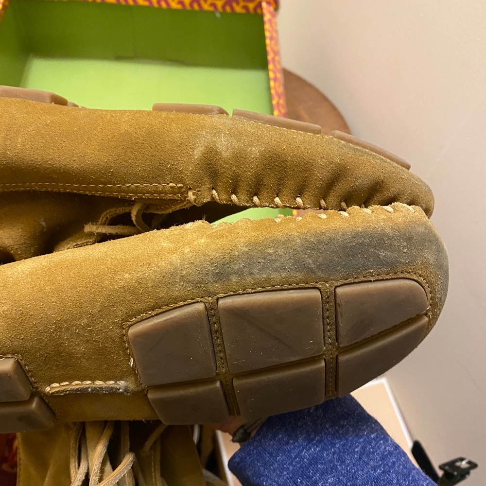 Tory Burch Suede Camel Moccasin Lace up Boots - Picture 15 of 16